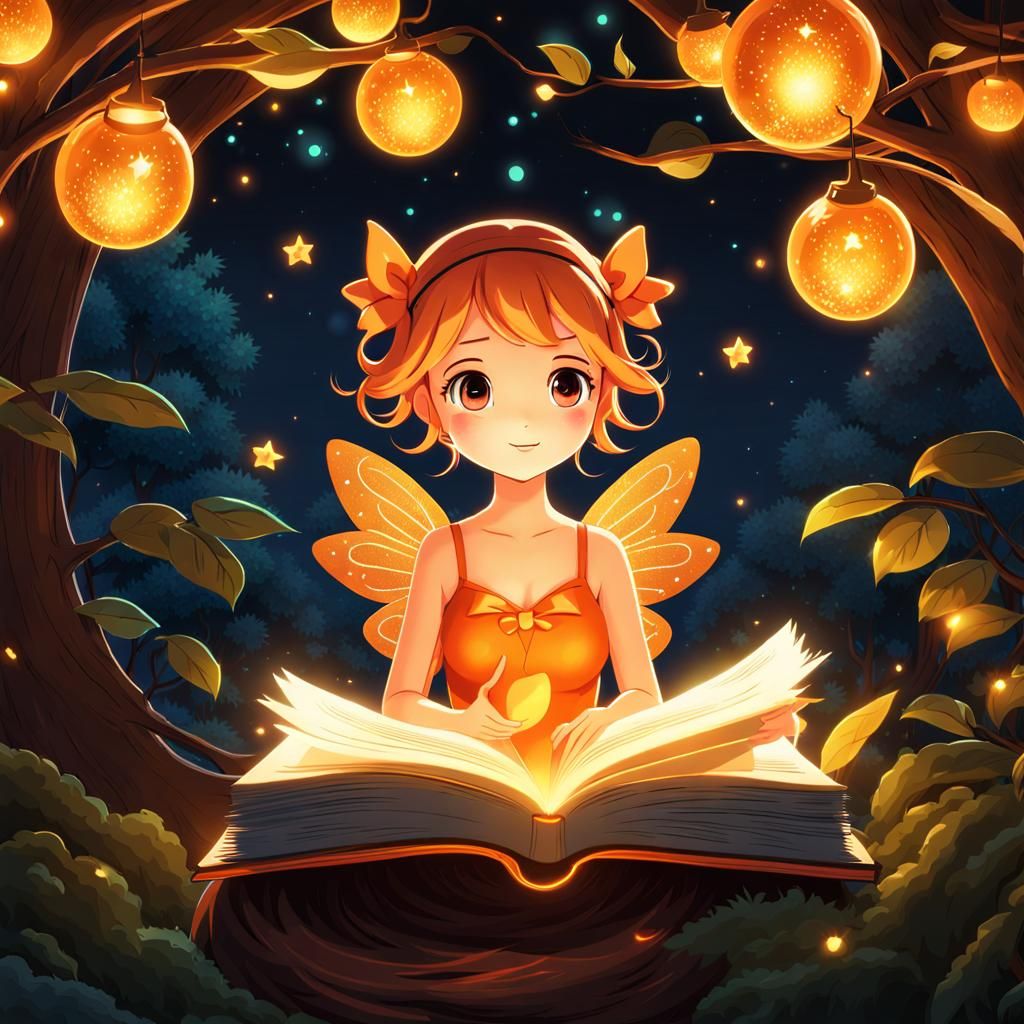 Cute Orange Fairy Reading Book in Ghibli Style