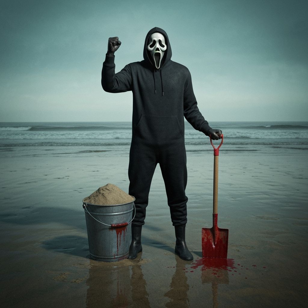 Menacing Beach Scene with Bloody Shovel