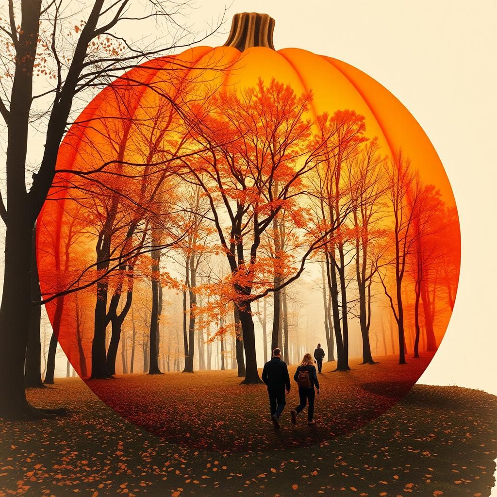 Autumn Forest Double Exposure Pumpkin in Watercolor Style