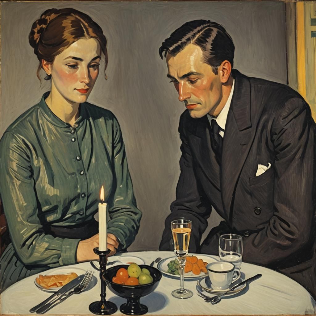 Couple at Dinner in Candlelight: Impressionist Painting