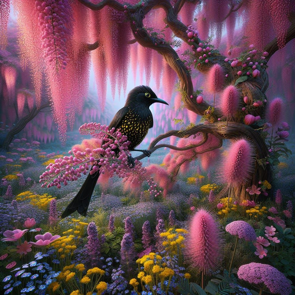 Polka Dot Bird on Pink Silk Tree