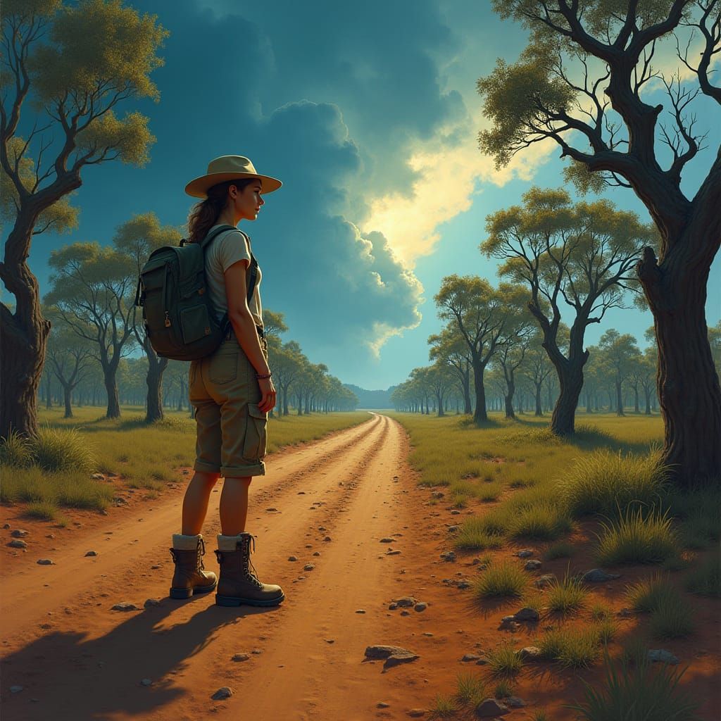 Eerie Outback Orchard: Environmental Mystery in Gouache