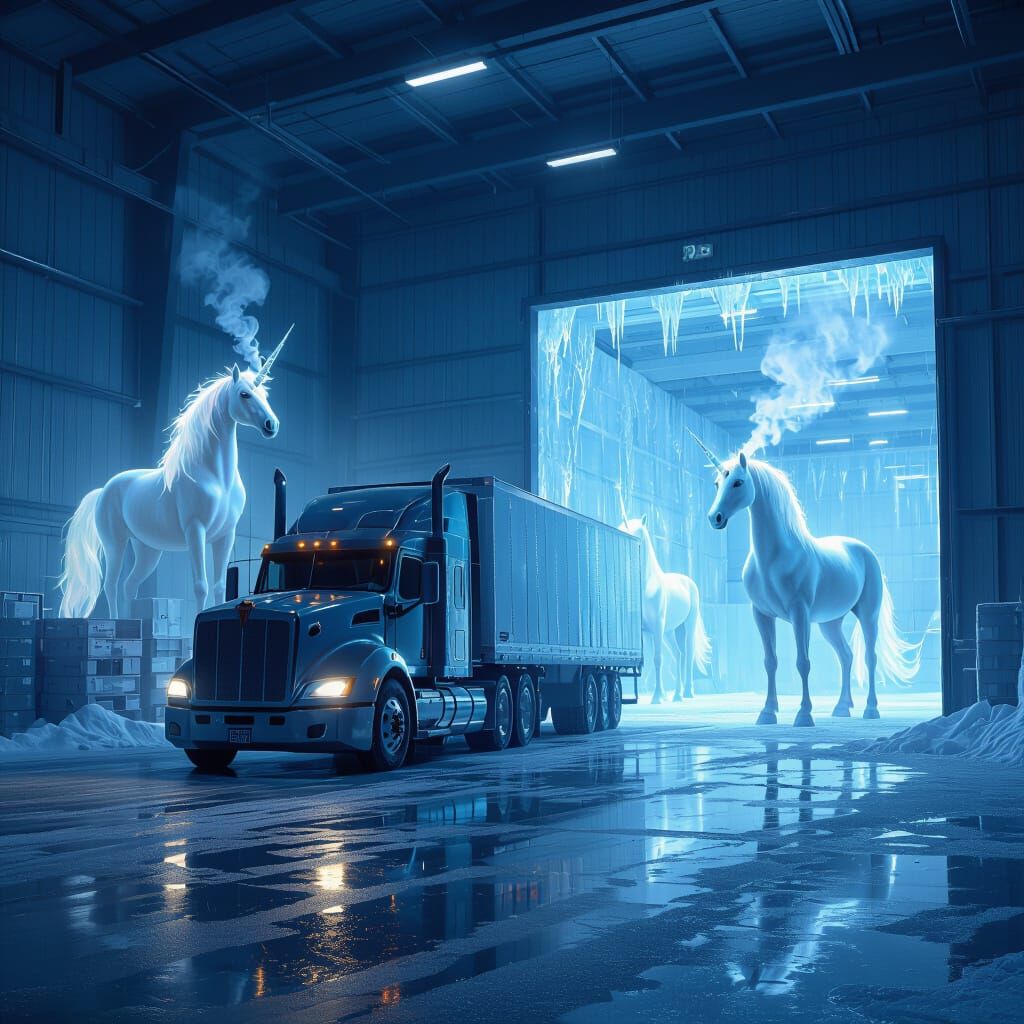 Surreal HGV in Coldstore with Unicorns and Dragons