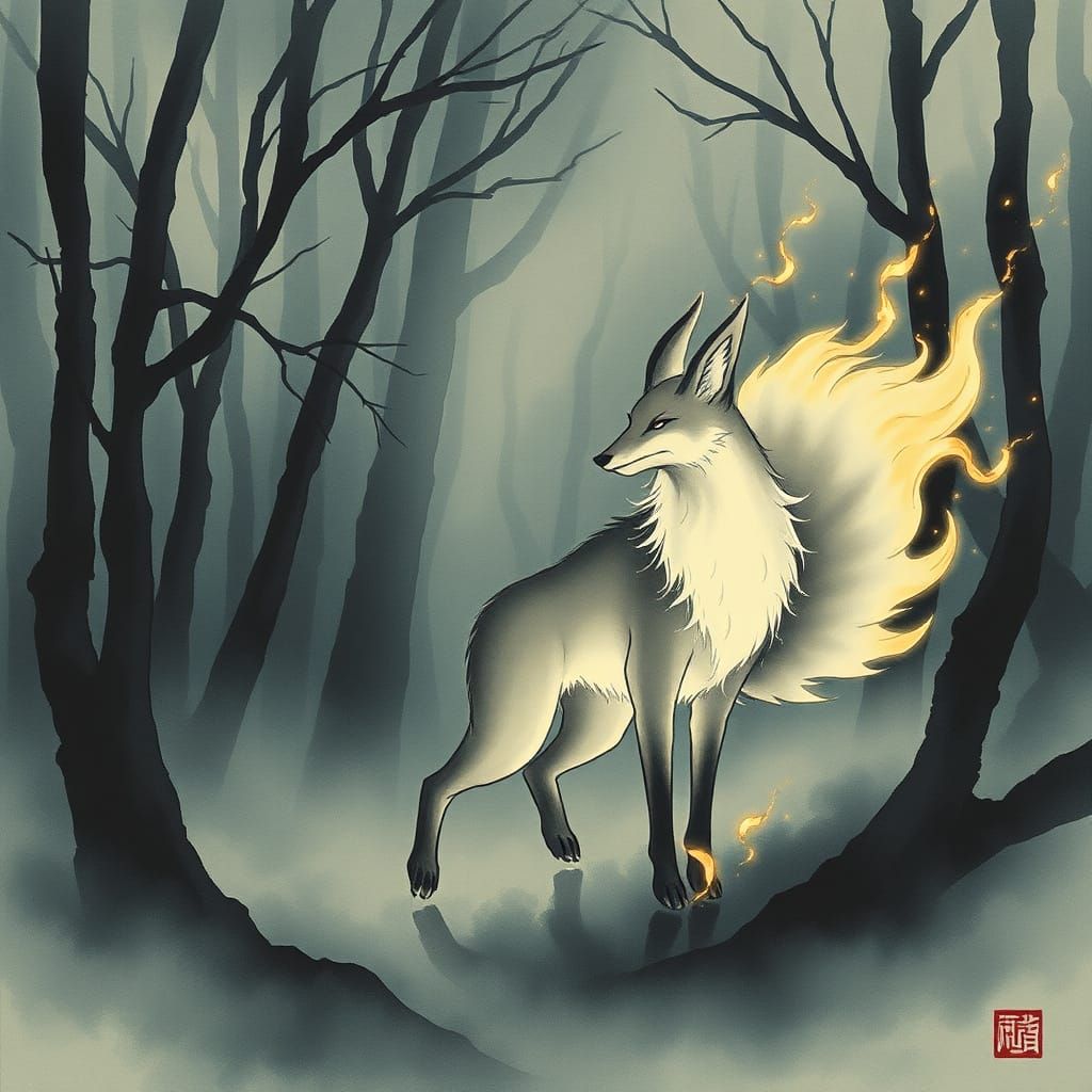 Mythical Nine-Tailed Fox in Mystical Forest
