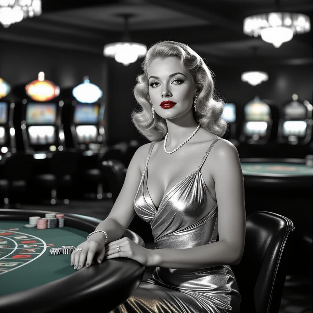 1930s Casino Scene with Elegant Blonde Woman in Silver-Grey ...