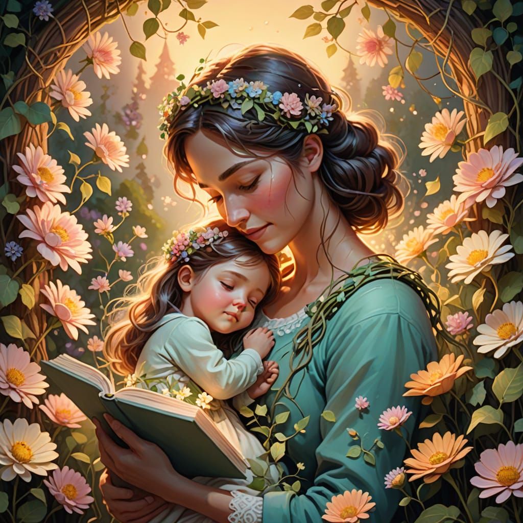 Floral Mother and Child in Pastel Storybook Illustration