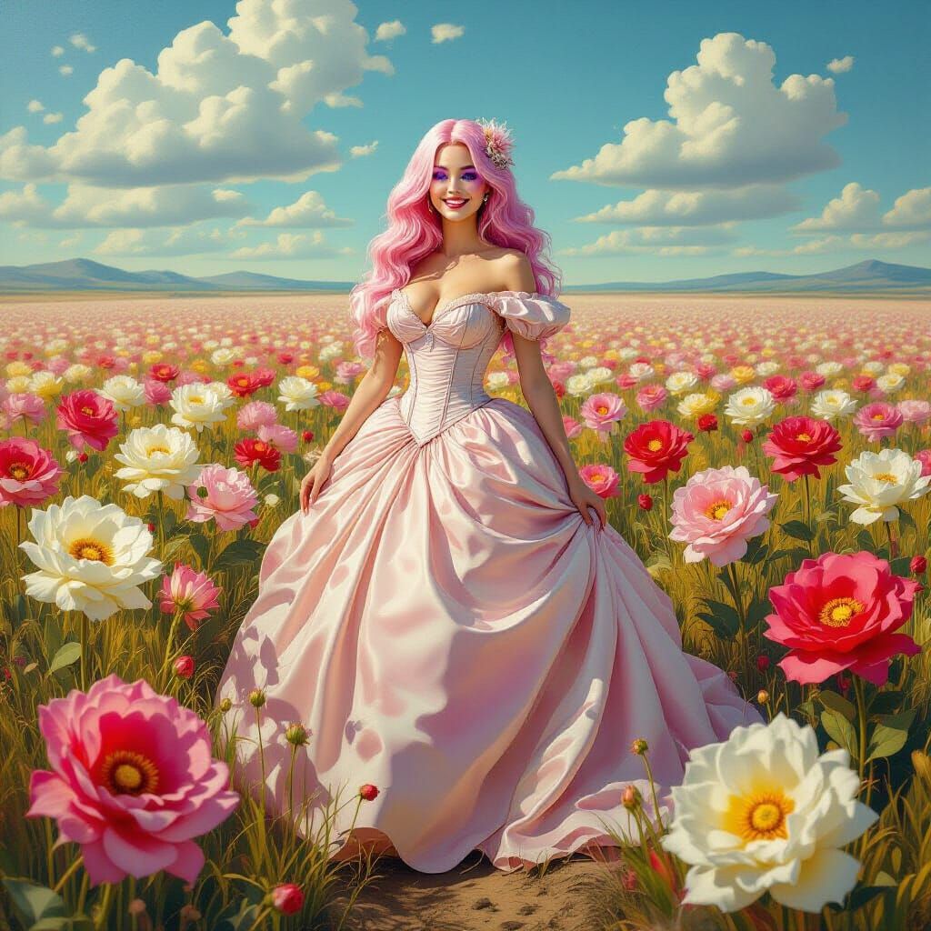Surreal Pink Haired Woman in Melting Flower Field