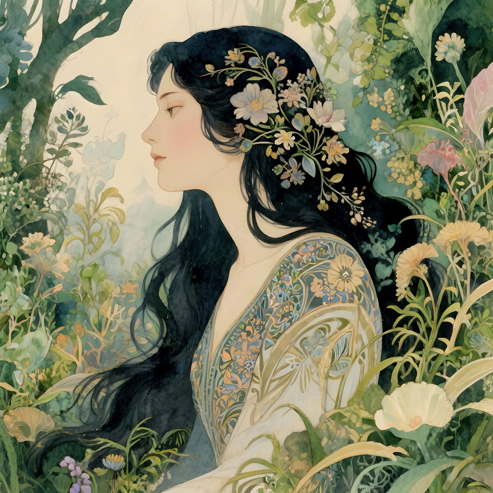 Serene Art Nouveau Woman in Lush Garden Watercolor