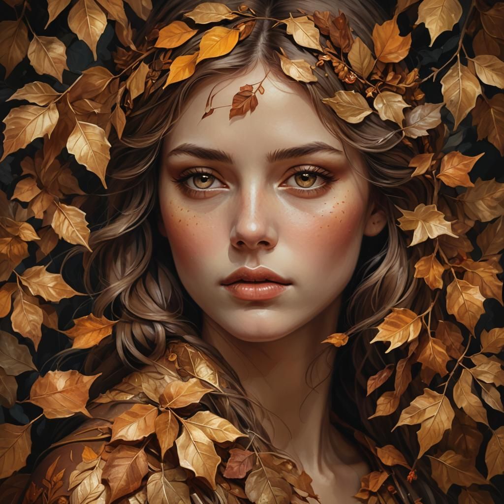 Woman with Autumn Leaves: Hyperrealistic Digital Painting
