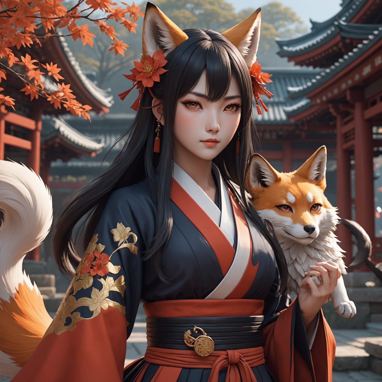 Beautiful Kitsune Lady in 3D Anime Style