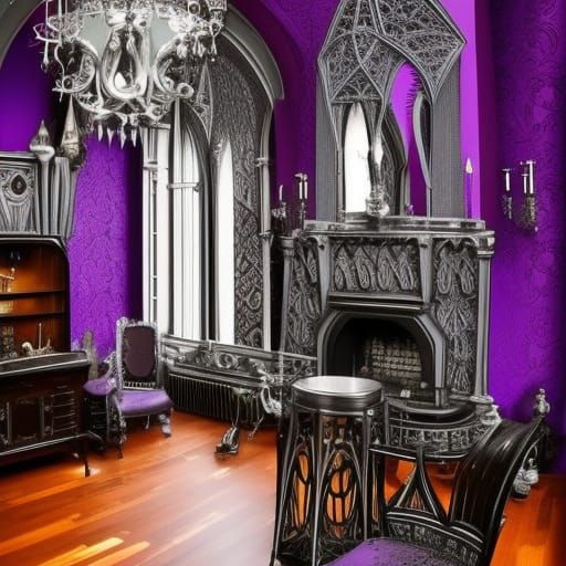 Mad scientist Penthouse with purple Gothic walls with sliver fractals accents& purple Gothic furniture& Silver fractals ...