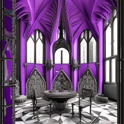 Mad scientist Penthouse with purple Gothic walls with sliver fractals accents& purple Gothic furniture& Silver fractals ...