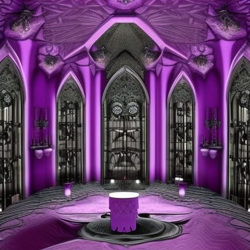 Mad scientist Penthouse with purple Gothic walls with sliver fractals accents& purple Gothic furniture& Silver fractals ...