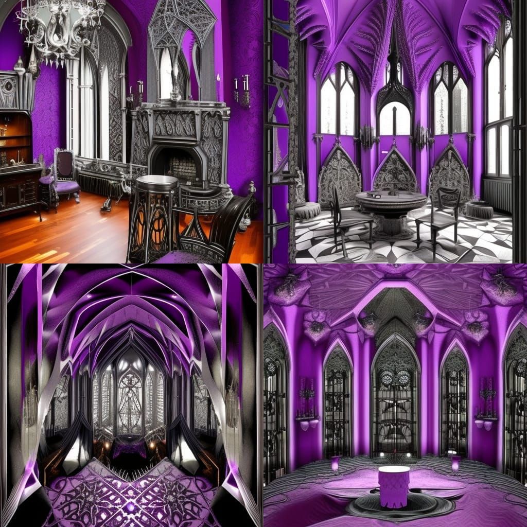 Mad scientist Penthouse with purple Gothic walls with sliver fractals accents& purple Gothic furniture& Silver fractals ...