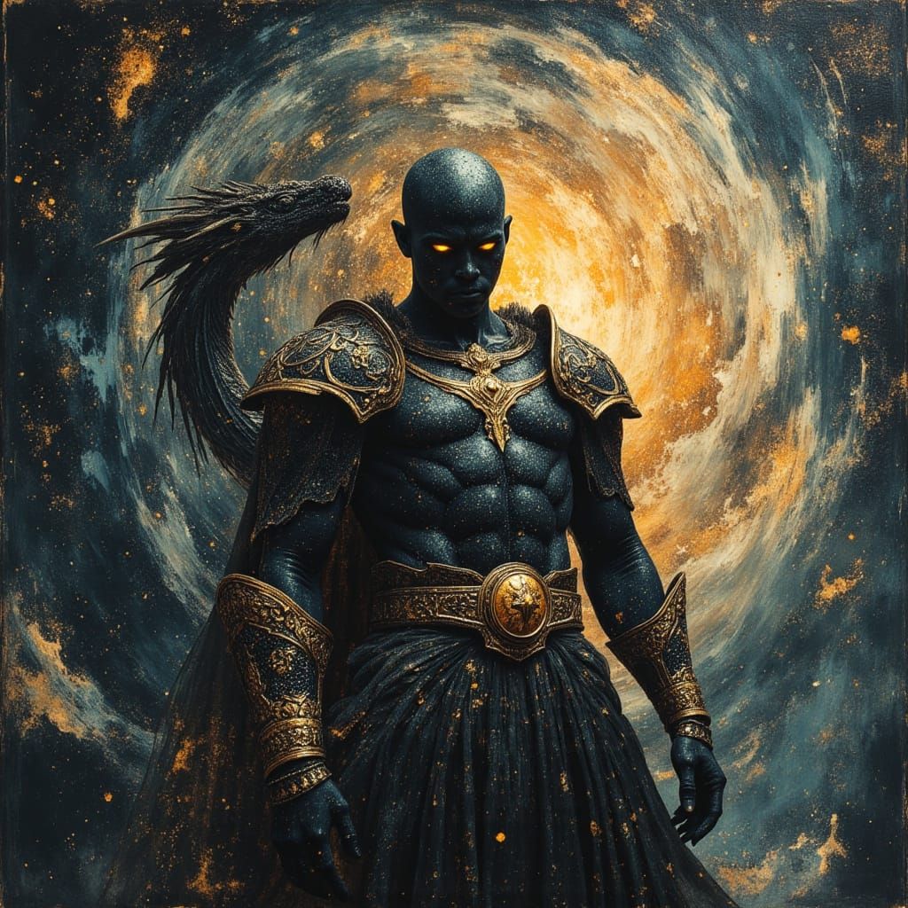 African Warrior God Defies Cosmic Dragon in Dark Fantasy Art