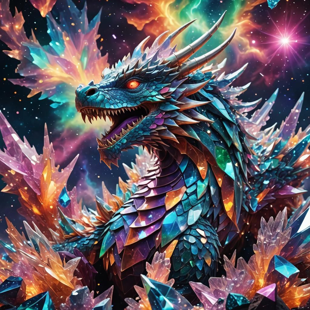 Crystal Dragon in Space: Psychedelic Astral Illustration