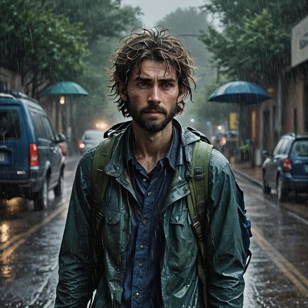 Worried Man Walking in Rain: Dark Fantasy Realism