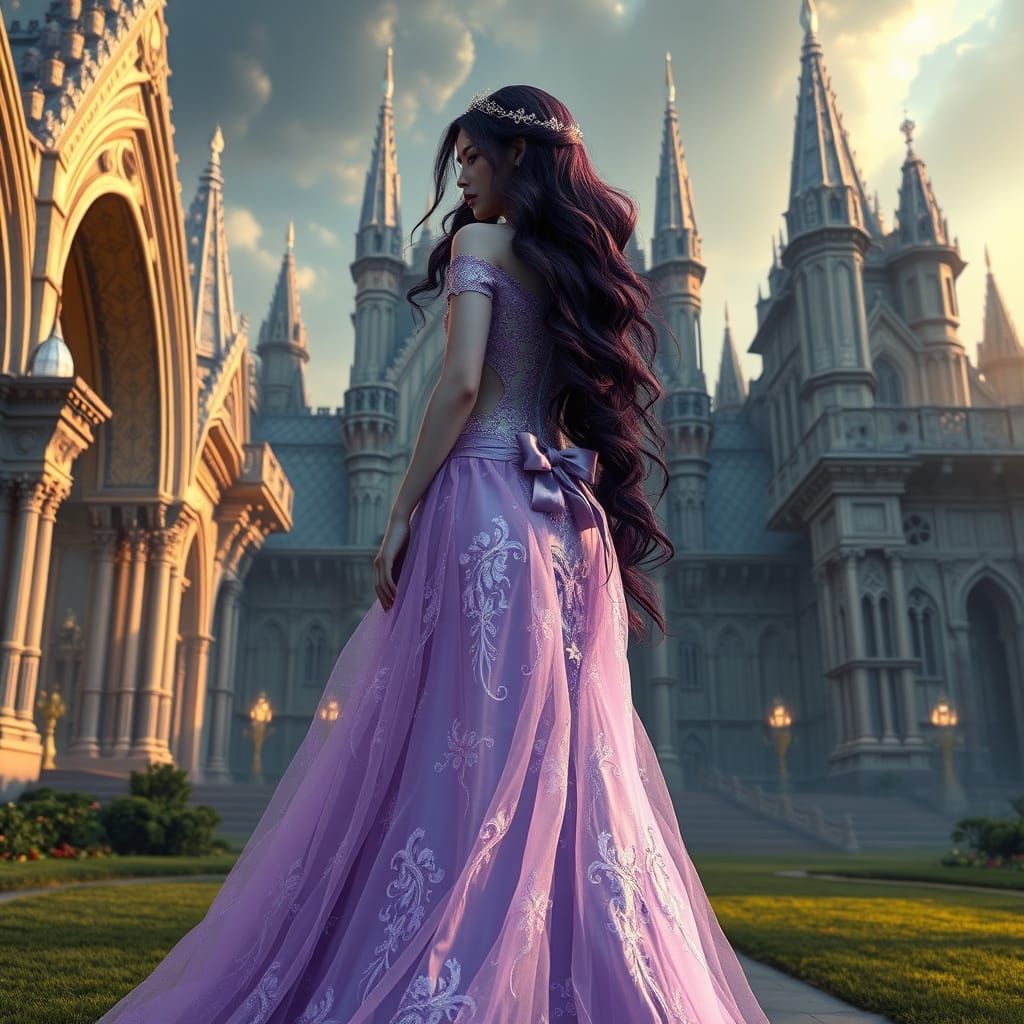 Majestic Princess in Lavender Gown with Dreamlike Palace