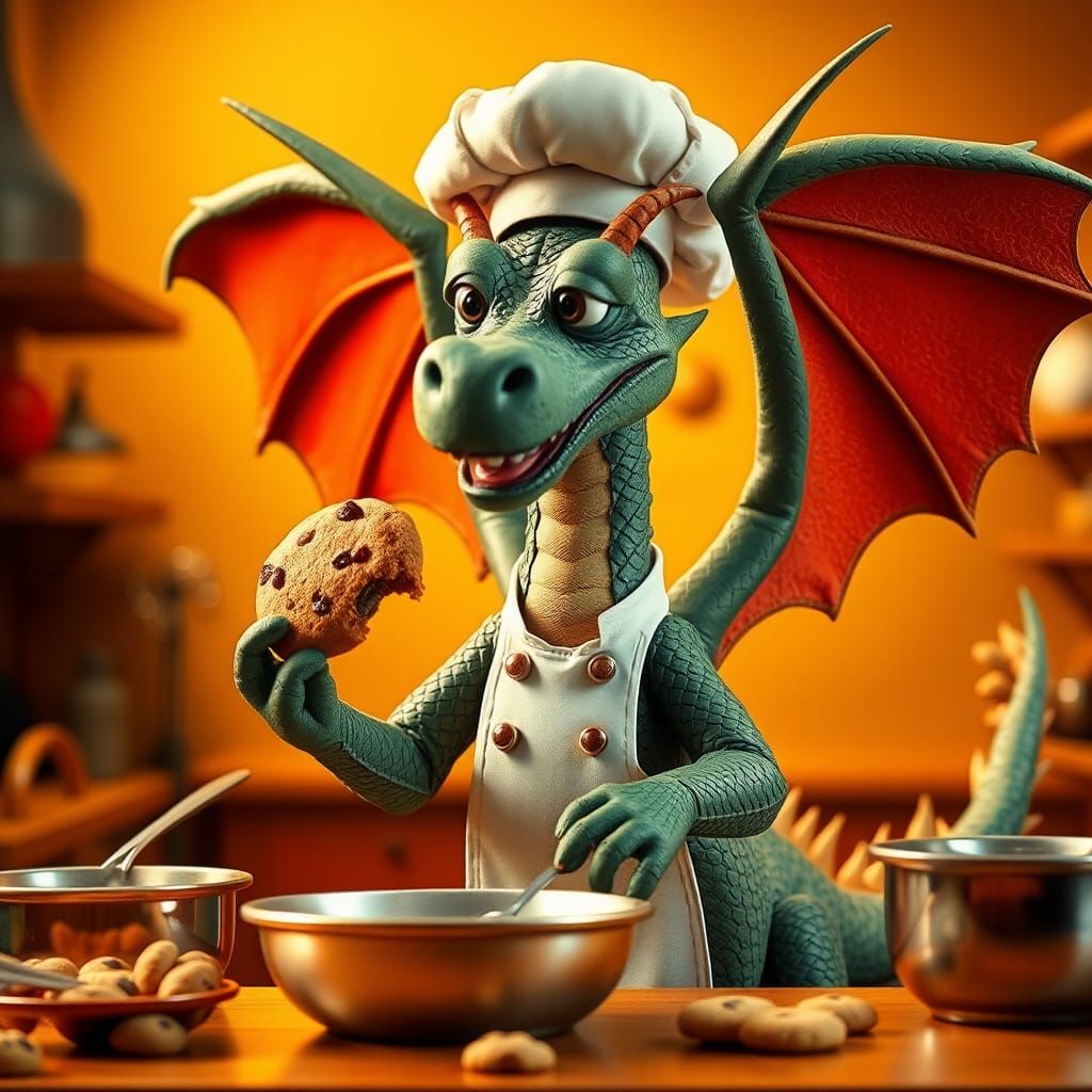 Claymation Dragon Chef Cooking and Eating a Cookie