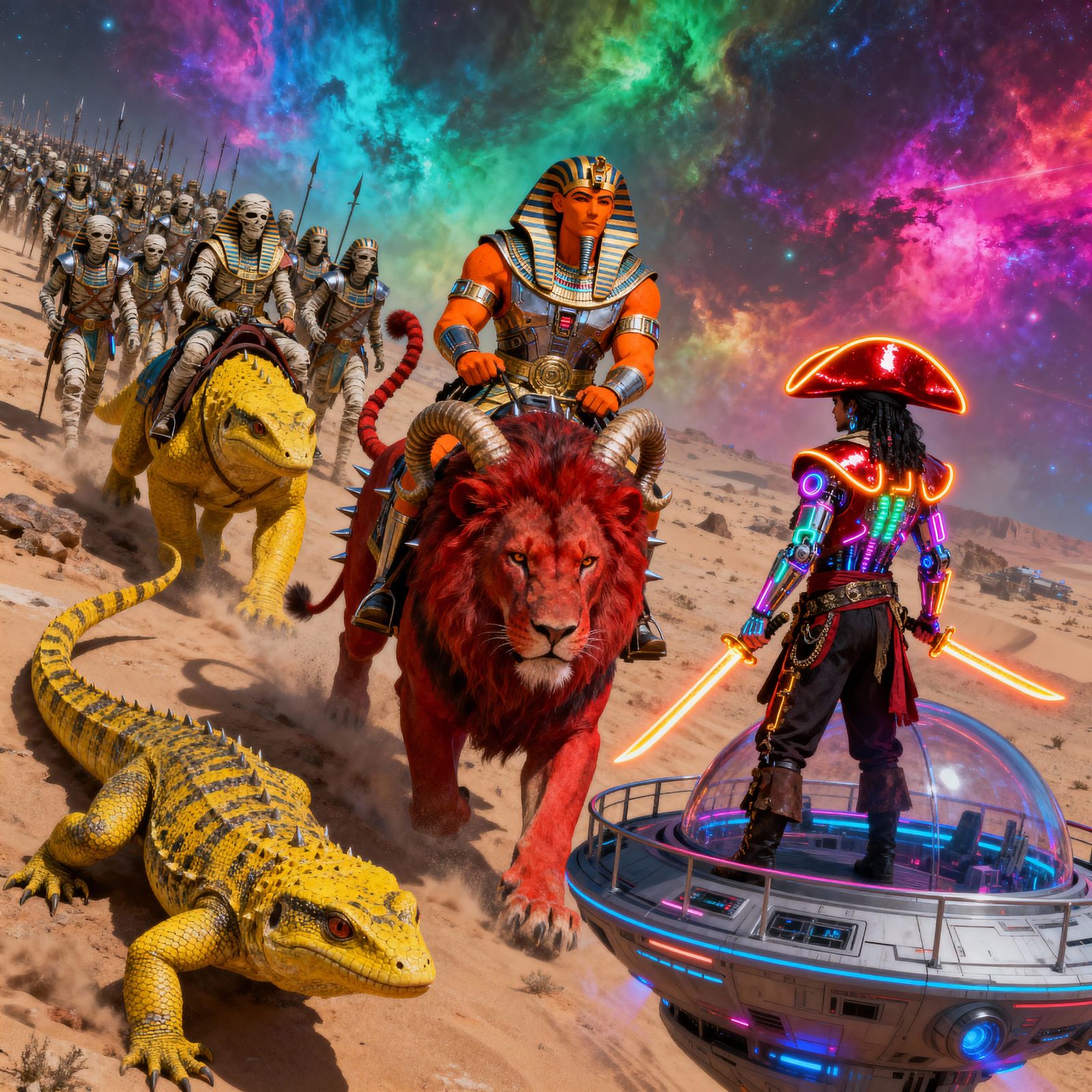 Pharaoh Rides Lion in Futuristic Egyptian War Zone