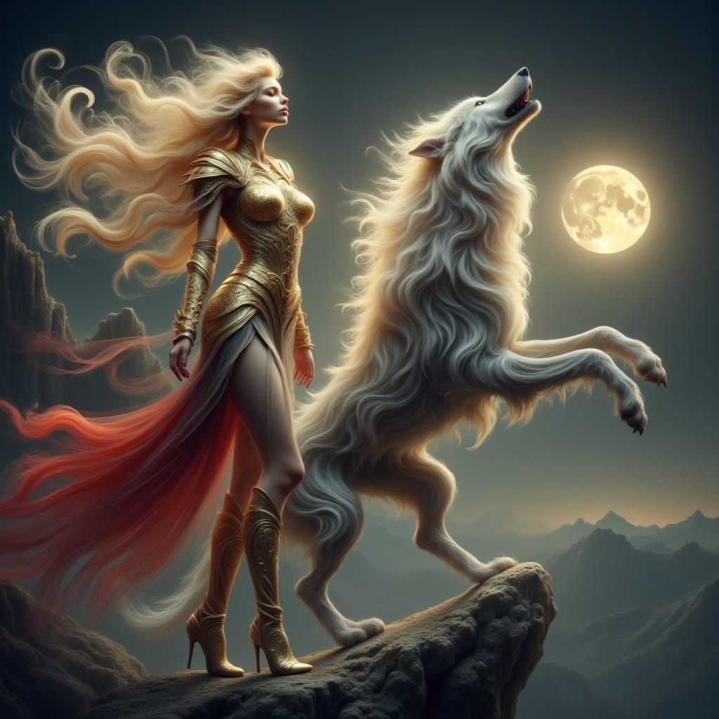 Warrior and Wolf Howling at Moonlit Sky