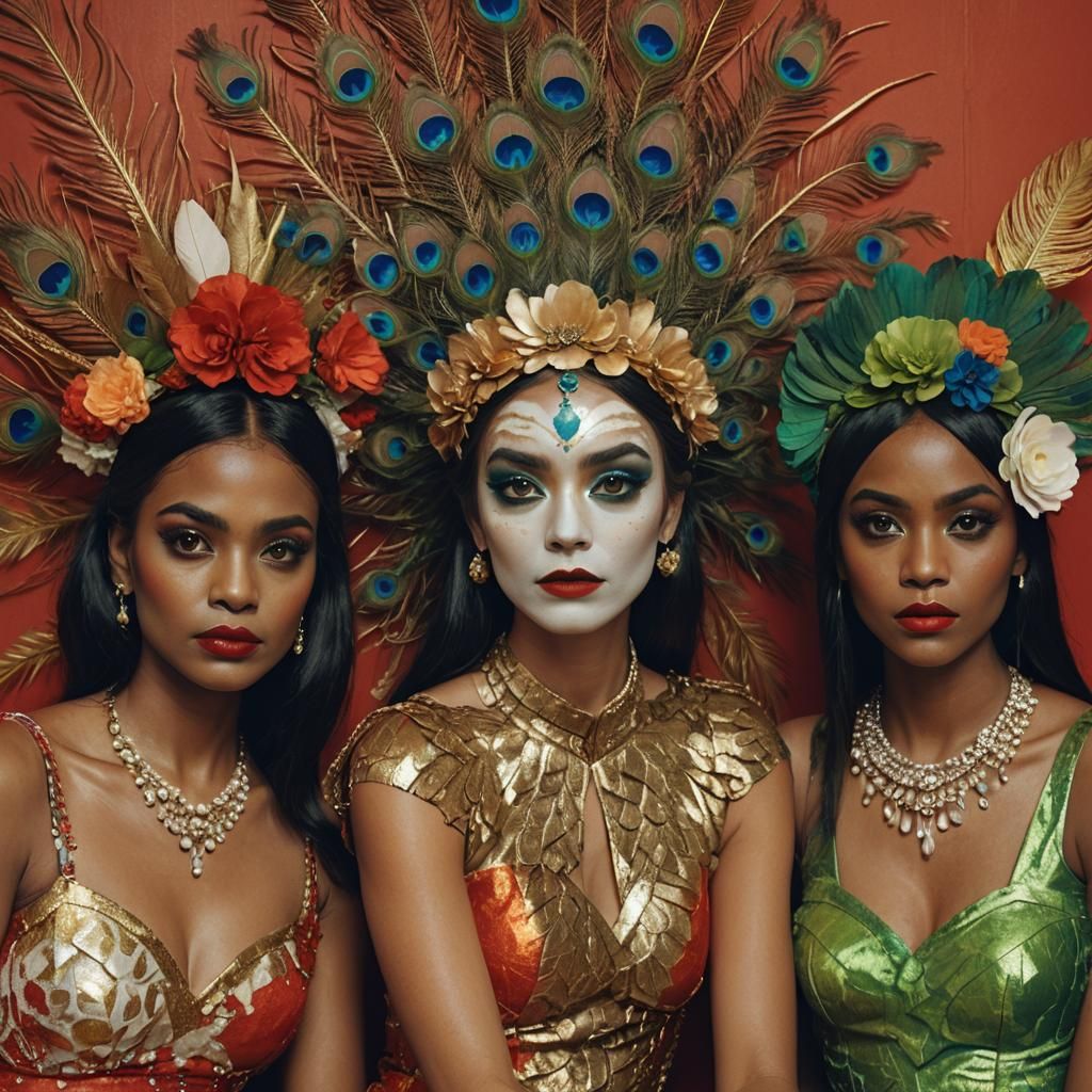 Two Women with Peacock Feathers and Metallic Skin
