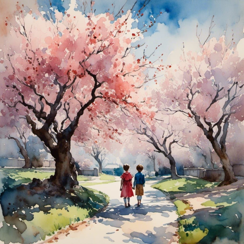 Cherry Tree Shadows in Gouache Watercolor Style