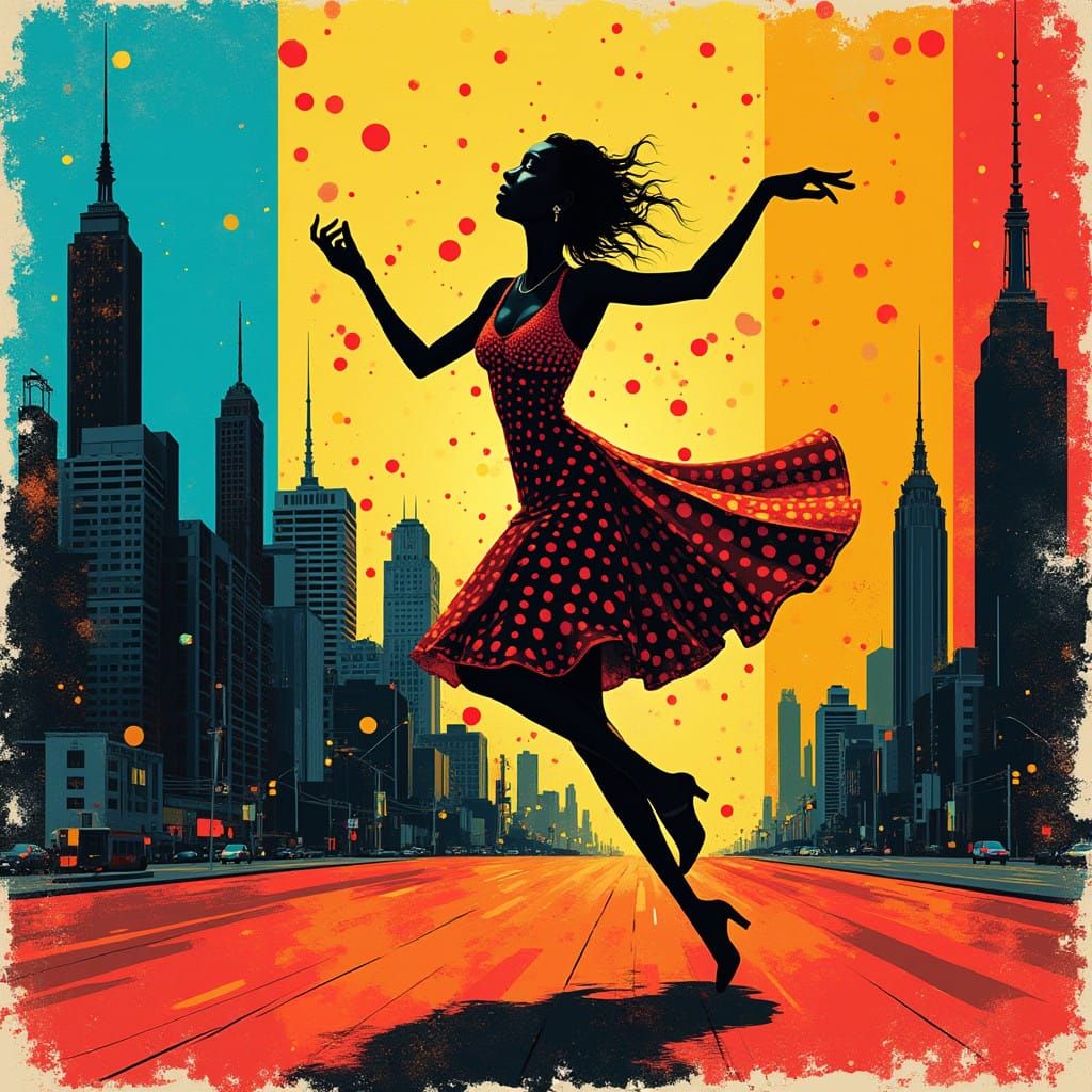 Bold American Jazz Dancer in Graphic Cityscape