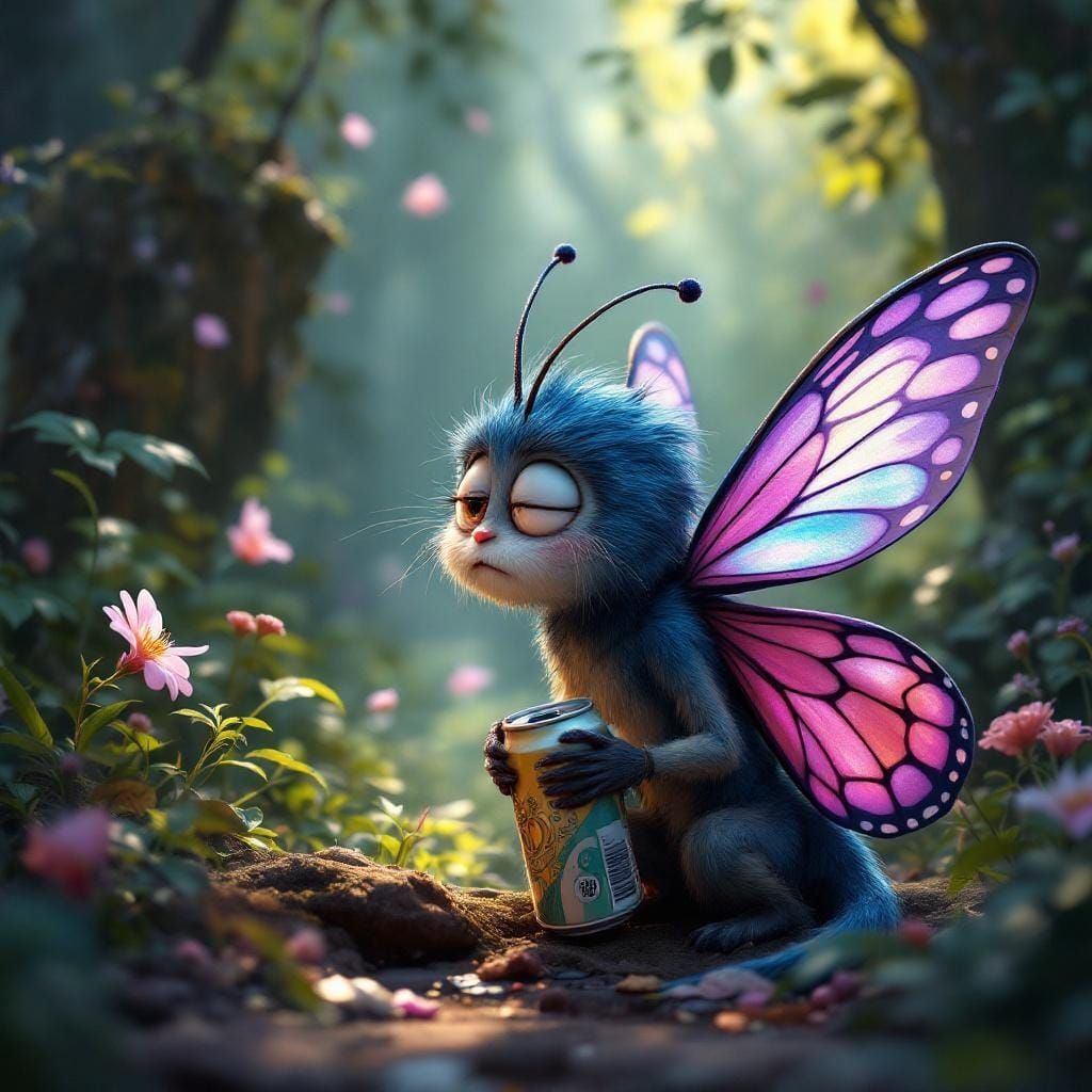 Confused Butterfly Character Tries to Open Soda