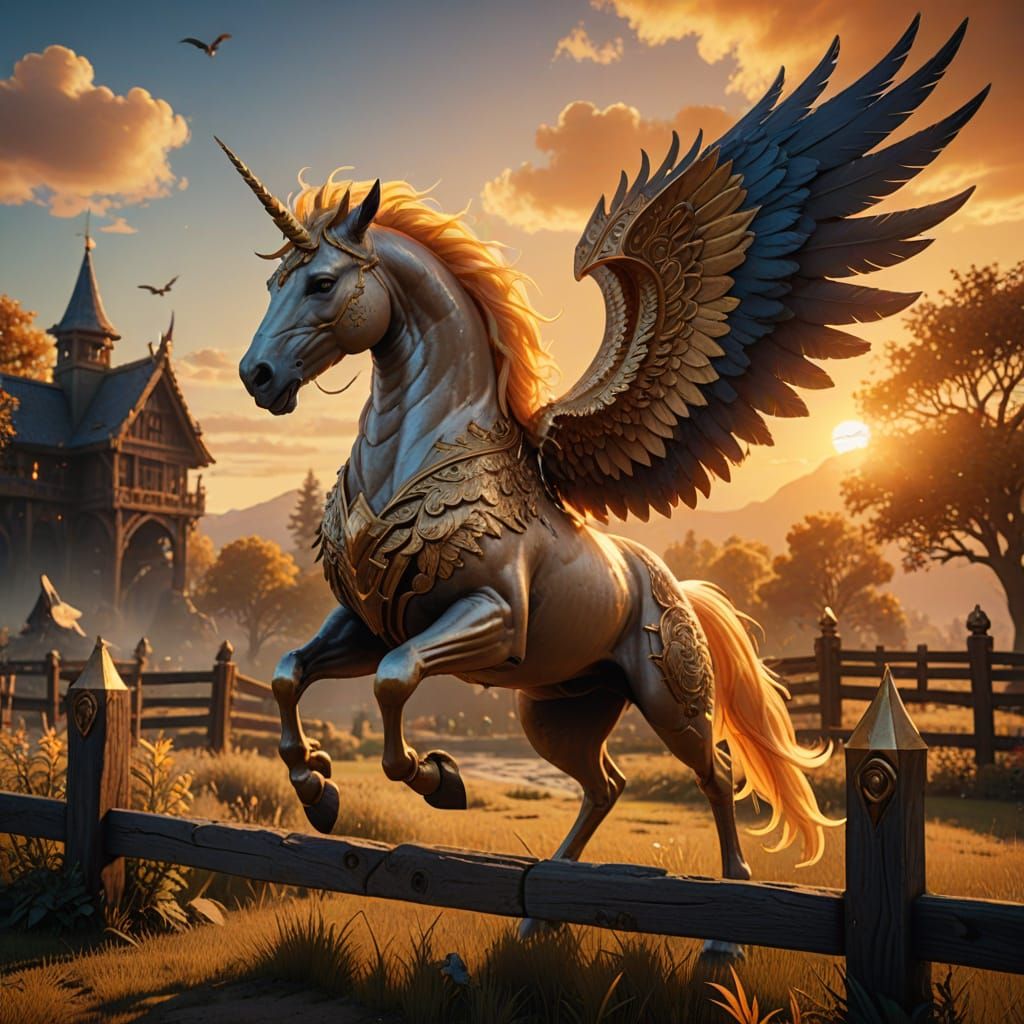 Fantasy Alicorn Leaps Over Fence in Sunset Splendor