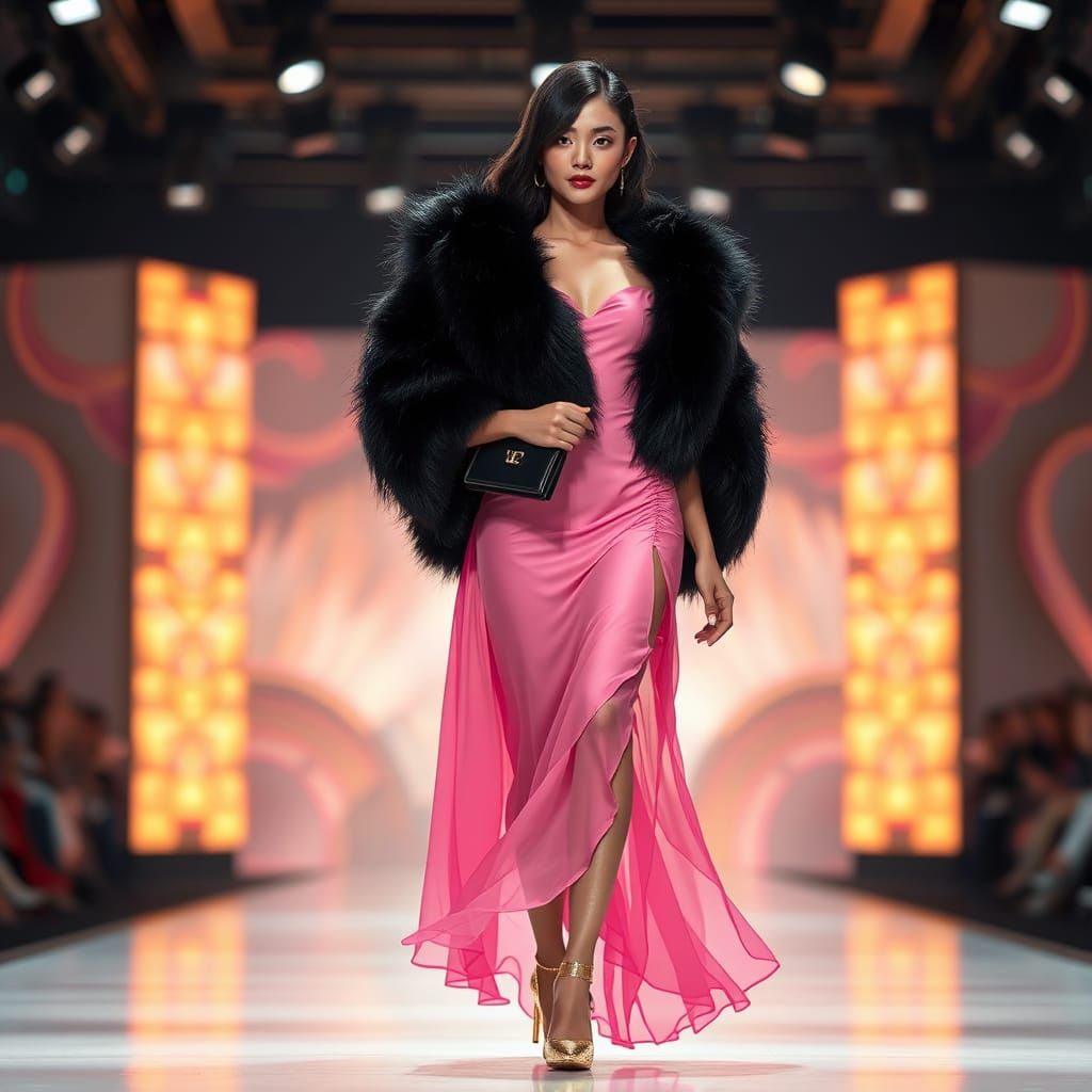 Asian Model on Catwalk in Detailed Matte Painting