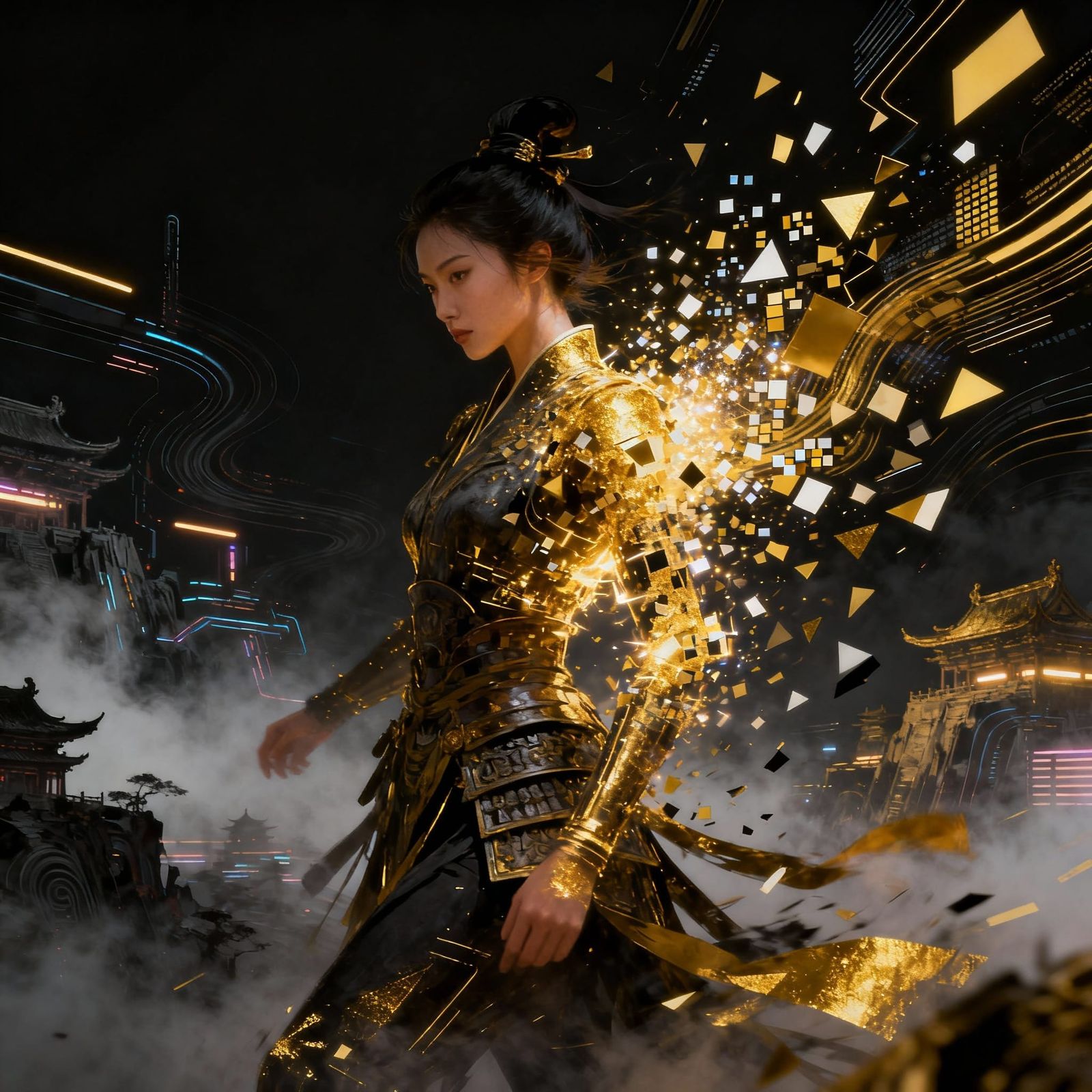 Cyberpunk Warrior Dissolving into Digital Shards