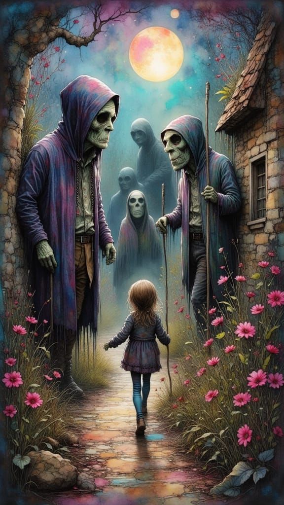 Three Ghostly Unicls Haunt a Woman in a Vibrant, Surreal Lan...