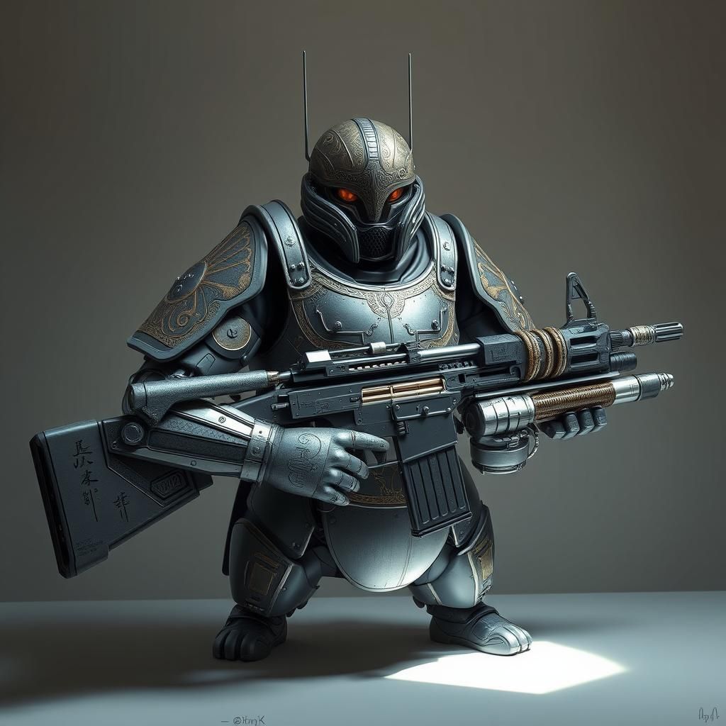 Futuristic Military Gear in Ornate Sci-Fi Armor