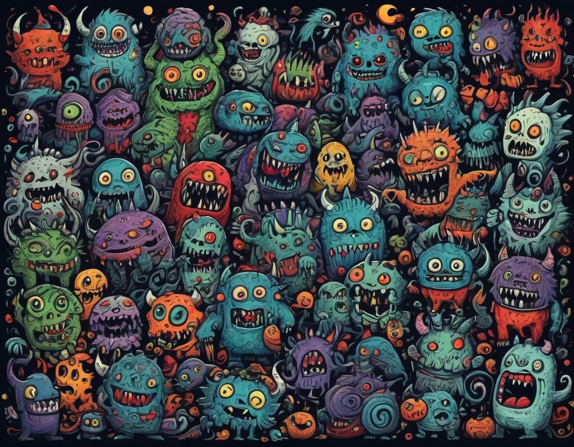 Colorful Gothic Horror Monsters in Doodle Art
