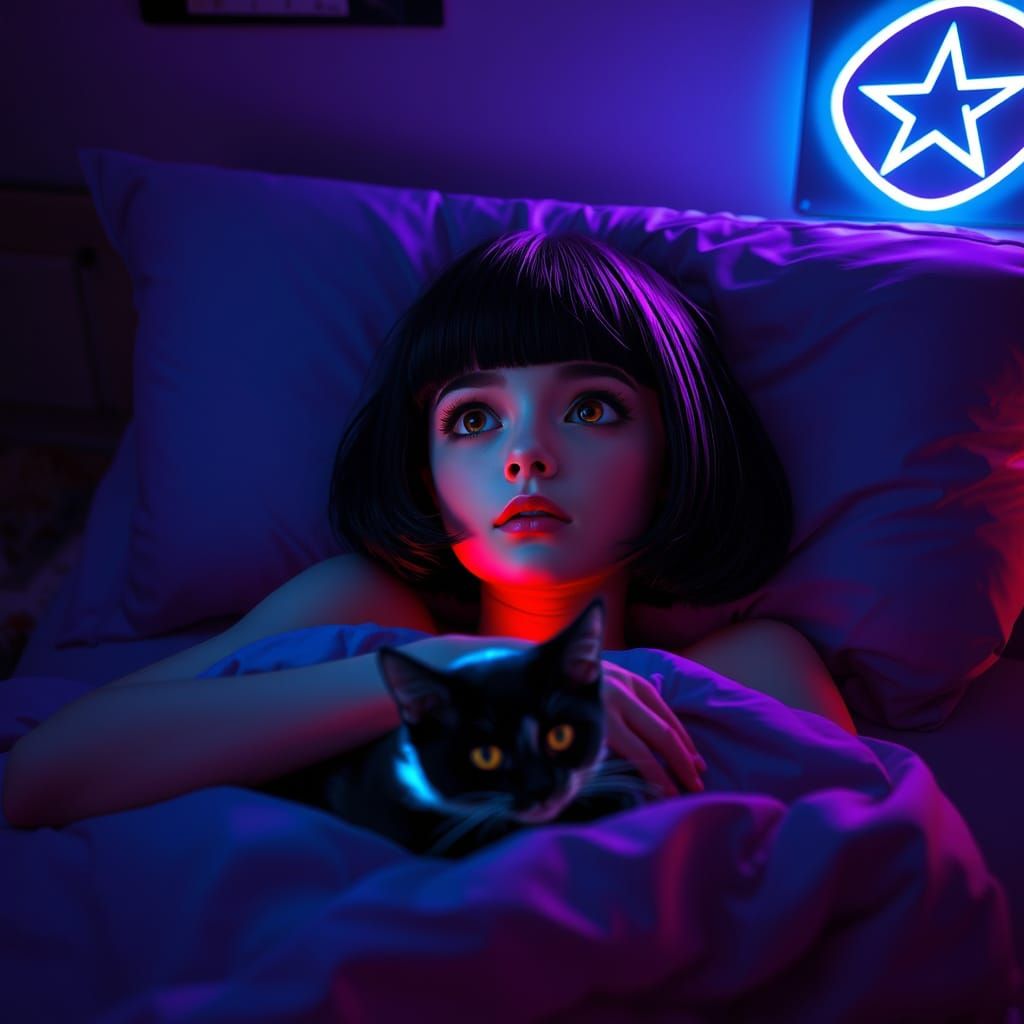 Girl Gazing Upwards in Neon Dreamscapes