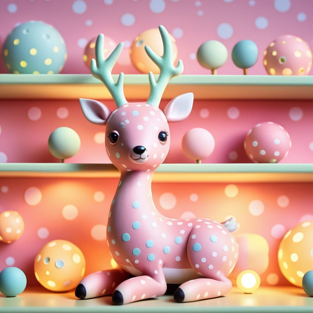 Polka Dot Deer on Shelf: Whimsical Pastel Illustration