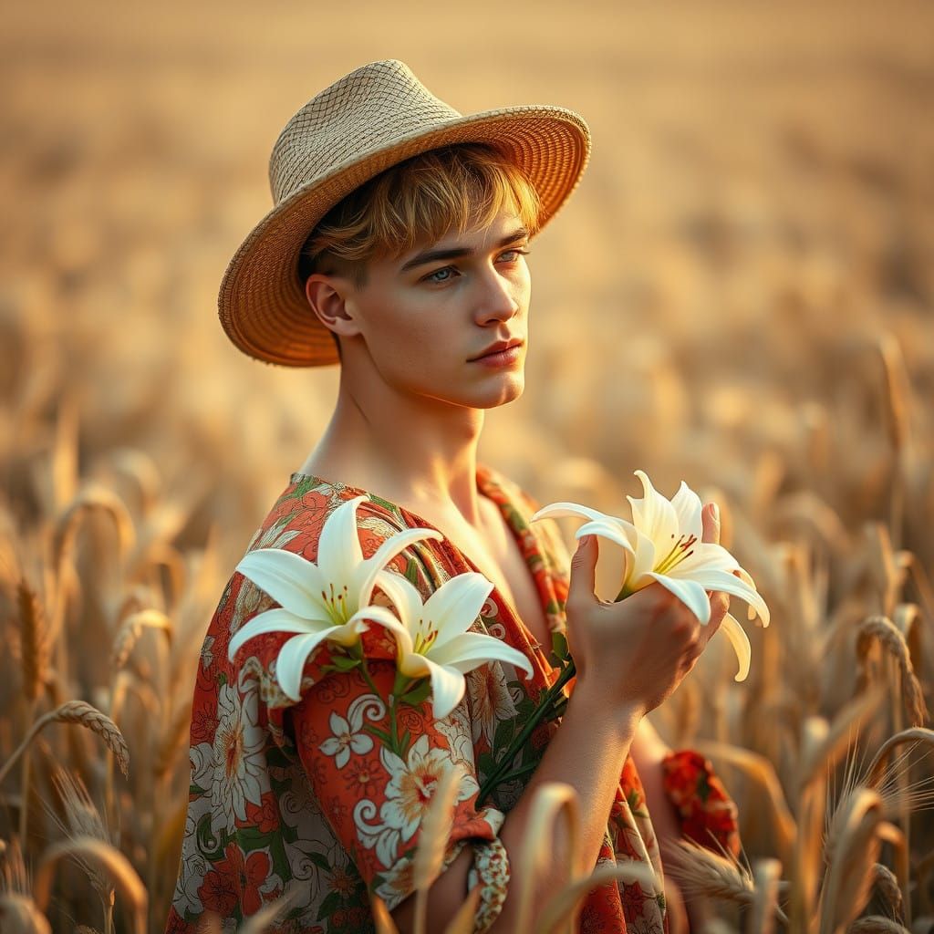 Masculine Man Poses in Floral Summer Dress, Set in Golden Wh...