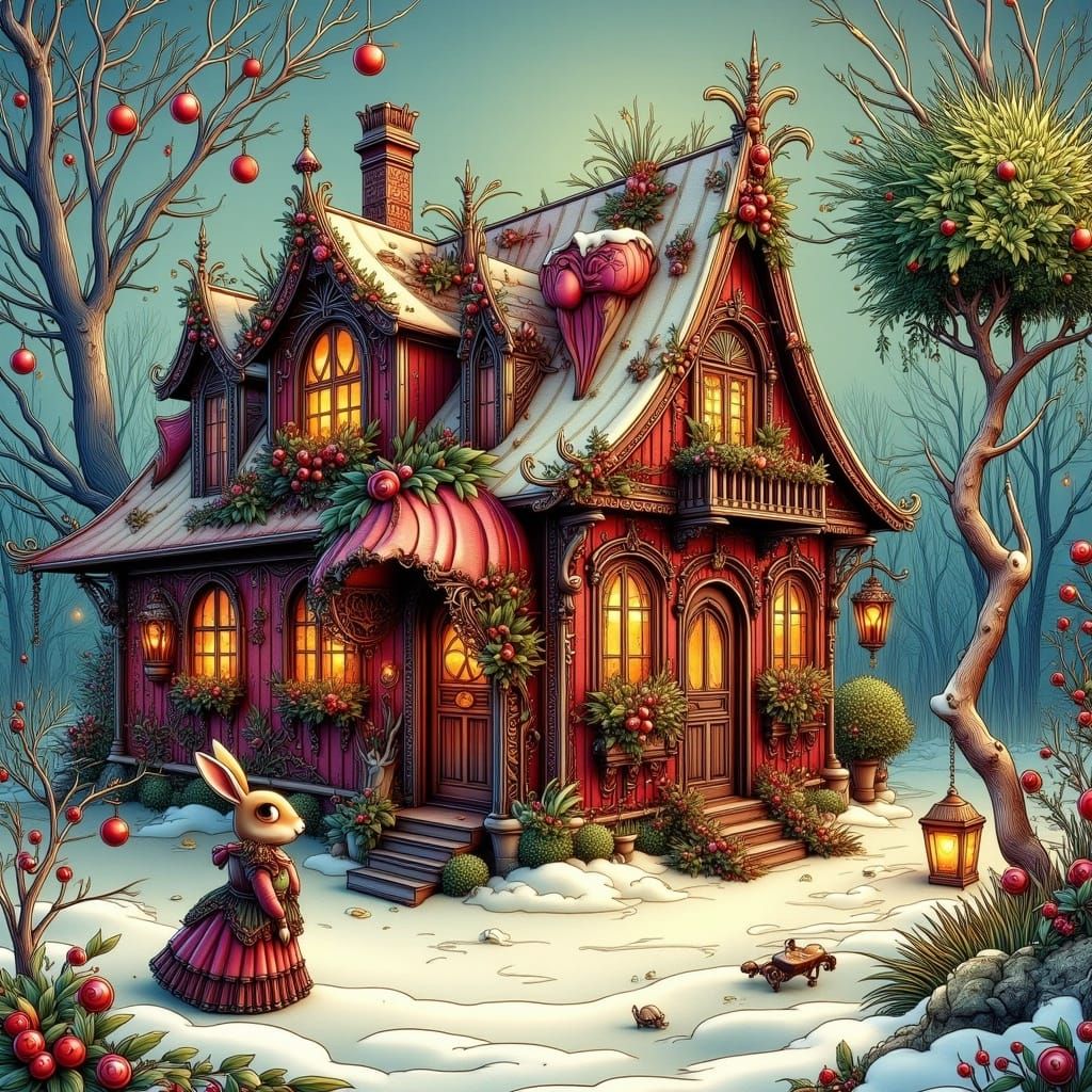 Whimsical Art Nouveau Punk Cottage Scene with Bunny