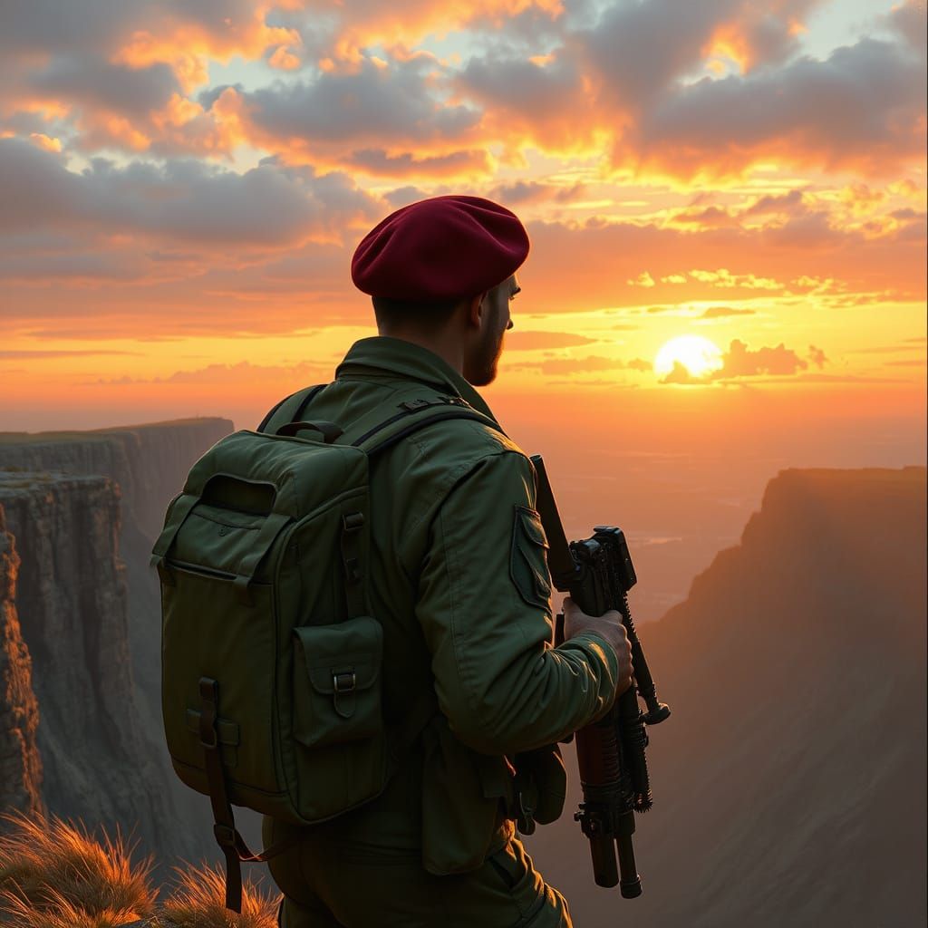 British Army Paratrooper Gazing into Sunset