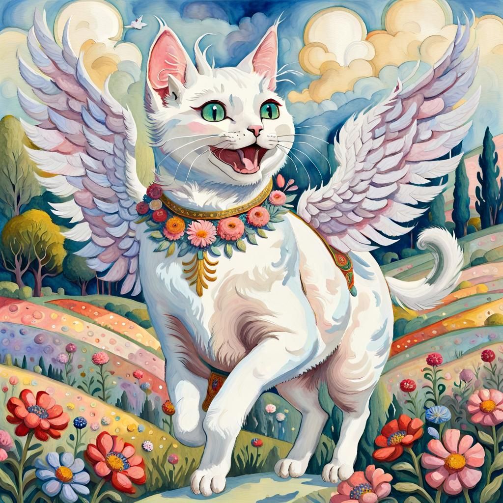 White Cat on Pegasus in Gouache Style