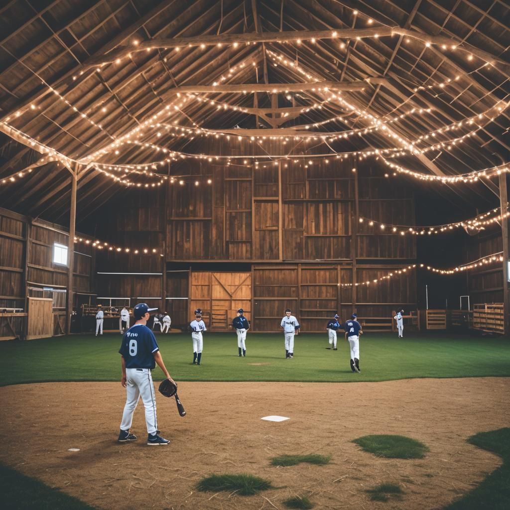 Baseball Game in Barn with Lights