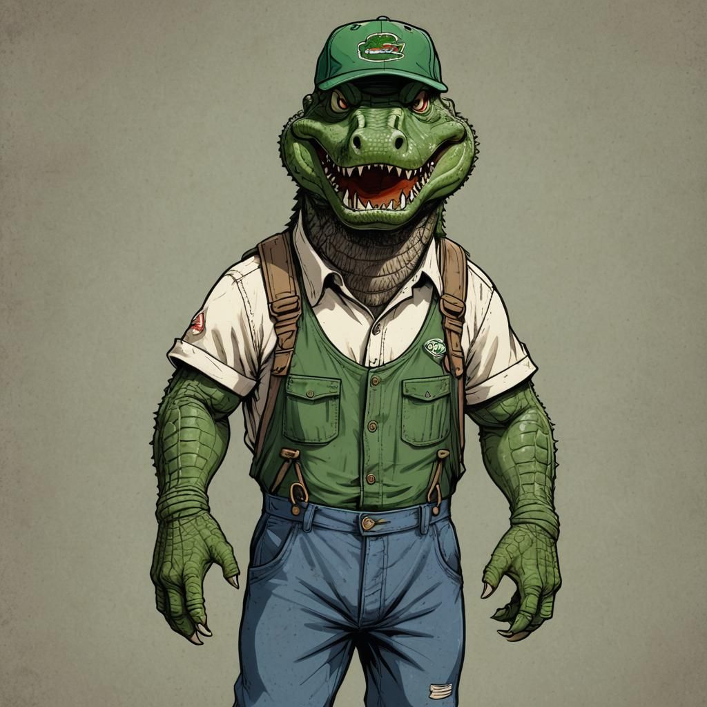 A grumpy crocodile with a thick beard that reaches his chest...