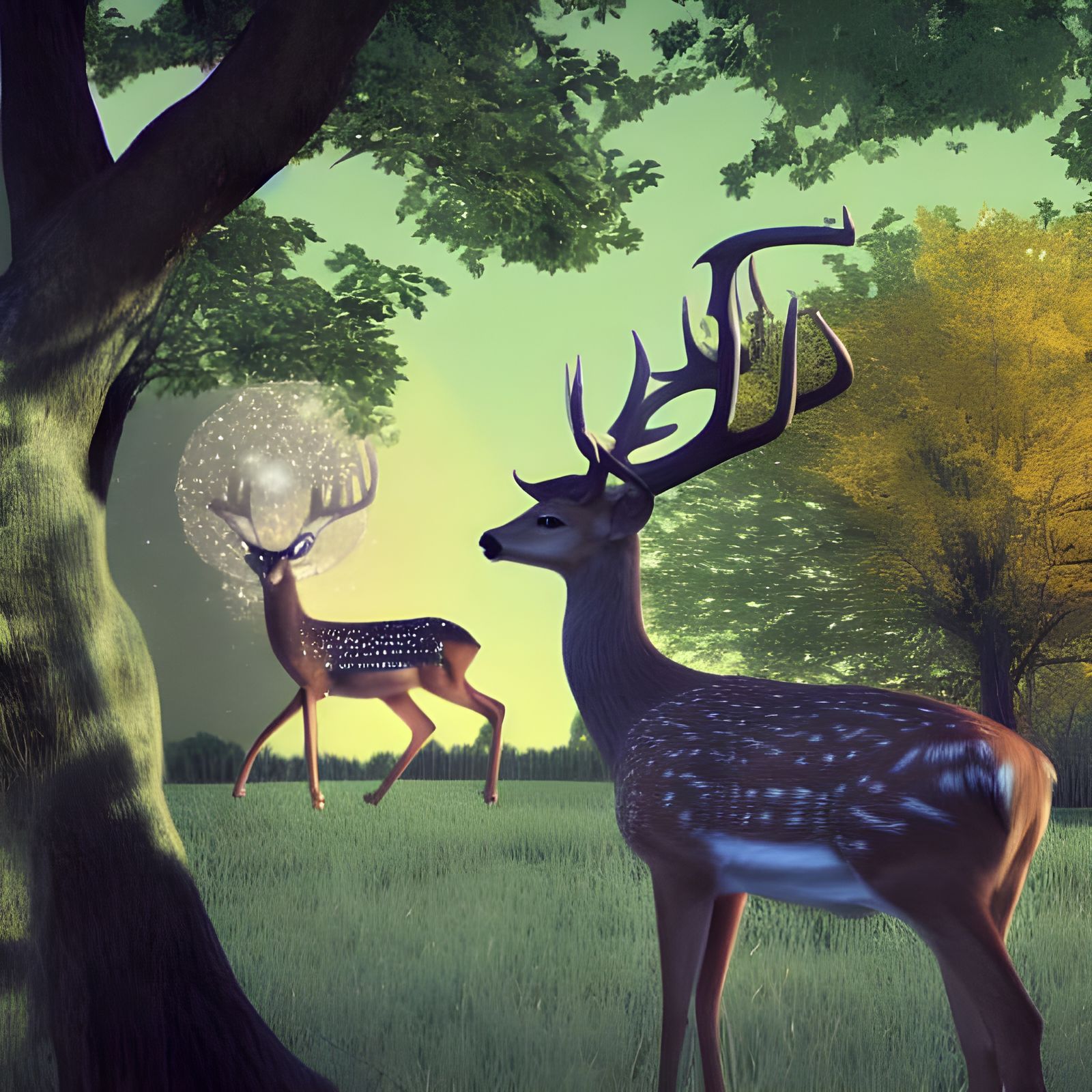 Surreal Deer and Owl in Dreamlike Landscape