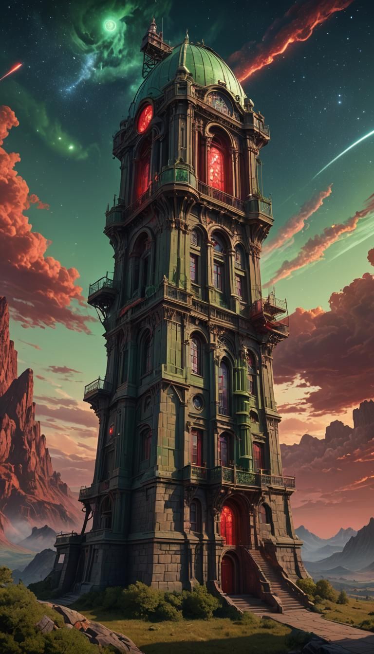 Eldritch Observatory Tower with Red Comet