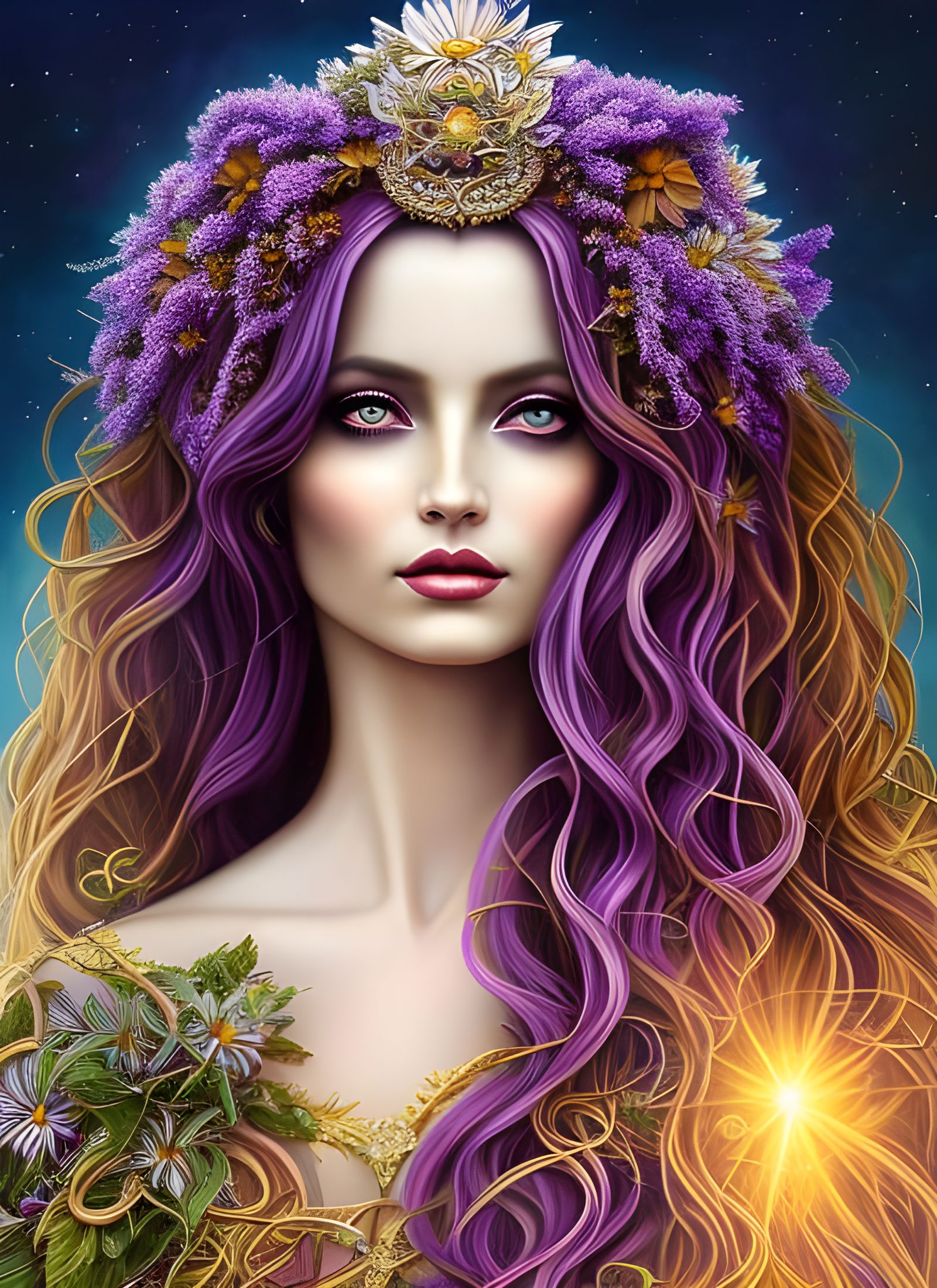Sunlit Goddess with Flowing Hair, Hyperdetailed Fantasy Art
