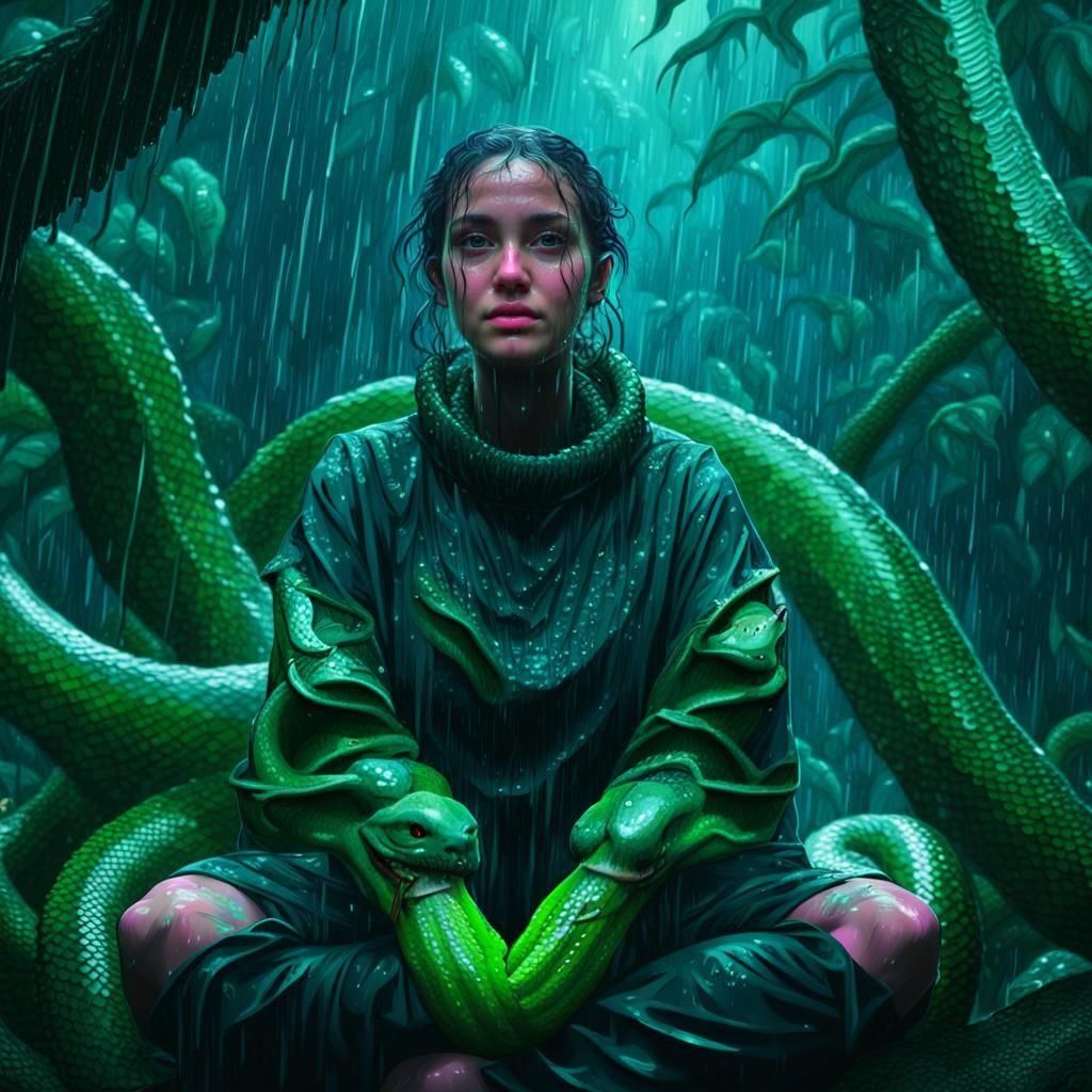 Girl in Rainforest with Python in Synthwave Style