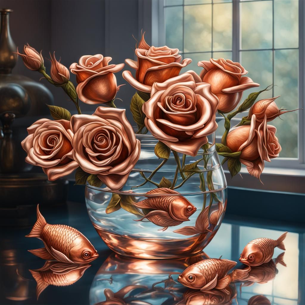 Copper Roses and Fish in Glass Vase: Hyperrealistic Splash A...