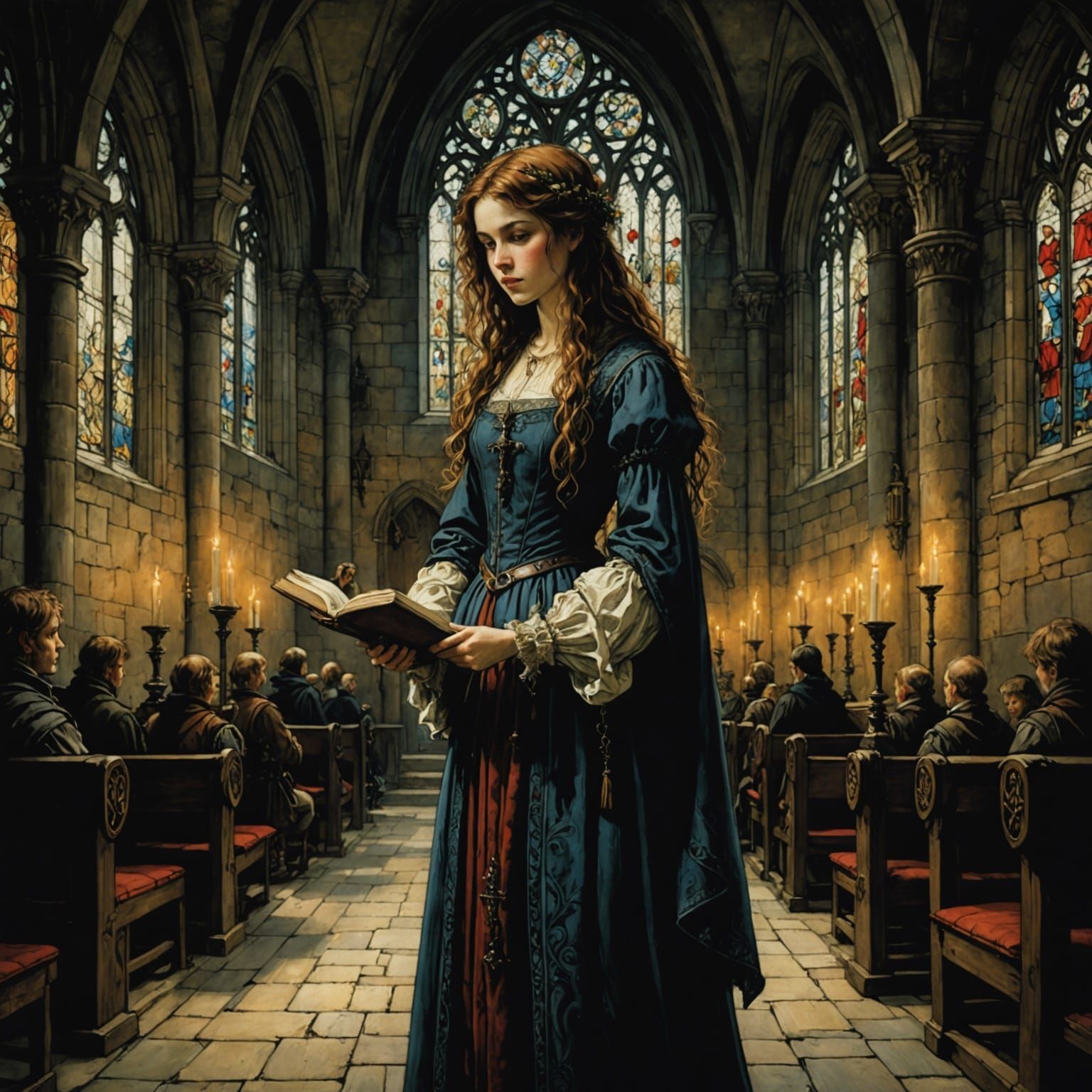 Girl in a Medieval Chapel Scene, in a Chiaroscuro Style