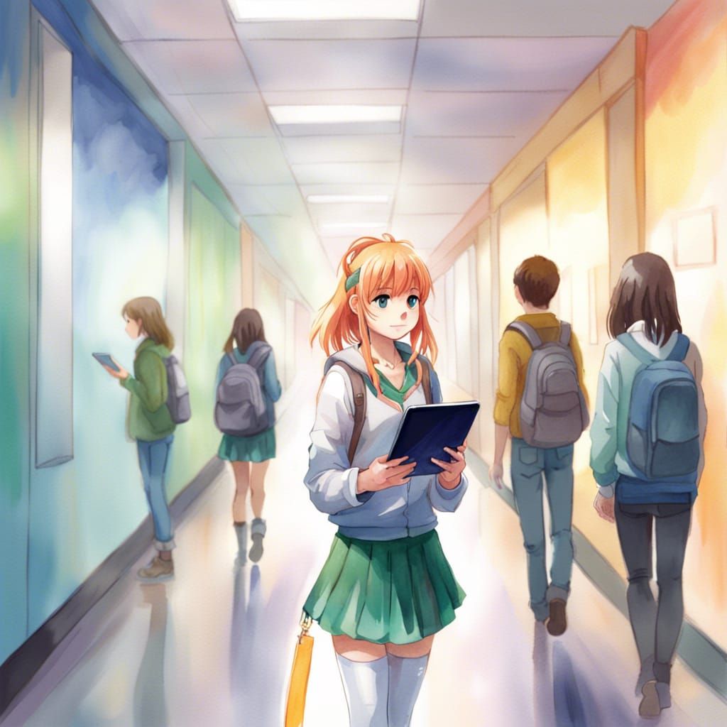 Vibrant Anime Girl with iPad in Watercolor Oil Illustration